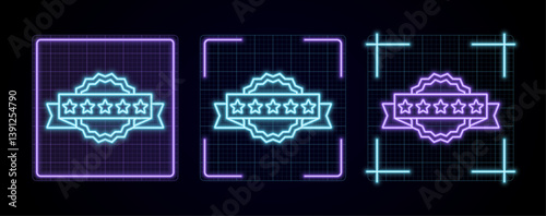 5-star badge illustration, cyber neon visual, glowing border grid vector.