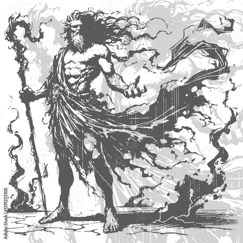 Black and white sketch of Hades, god of the underworld, with a stern expression and dark aura. Mysterious and powerful mythological figure.