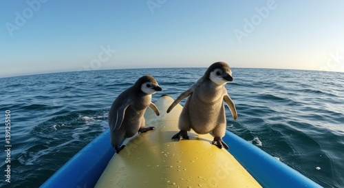 Penguin Chicks on Inflatable Boat Enjoy Open Water and Sunny Day