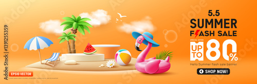 ummer podium flash sale, pink flamingo inflatable swimming pool, coconut trees, beach umbrella on island beach banner design, cloud and sky on orange background