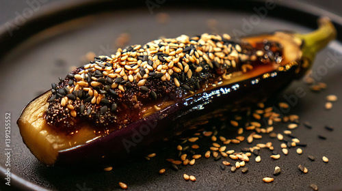 Grilled eggplant topped with miso sauce and sesame