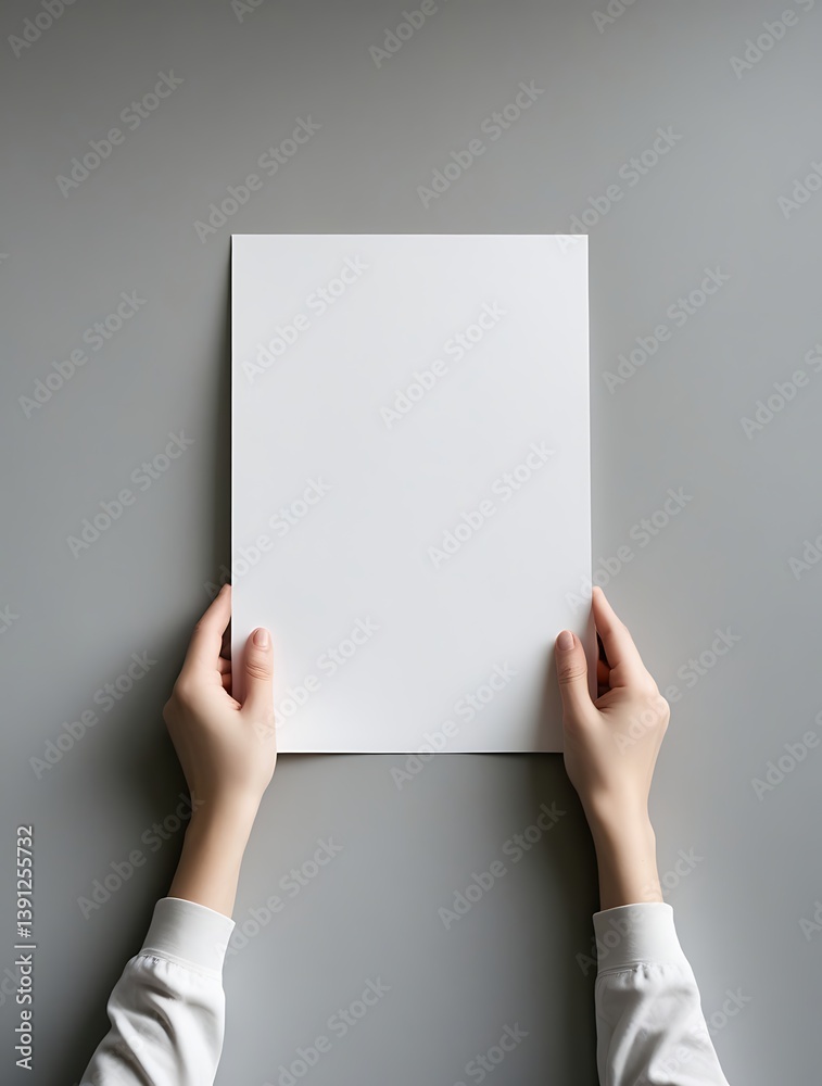 Close-up of a person holding a blank white sheet of paper with both hands on a neutral gray background, symbolizing creativity, opportunity, and message presentation
Close-up of a person holding a blank white sheet of paper with both hands on a neutral gray background, symbolizing creativity, opportunity, and message presentation