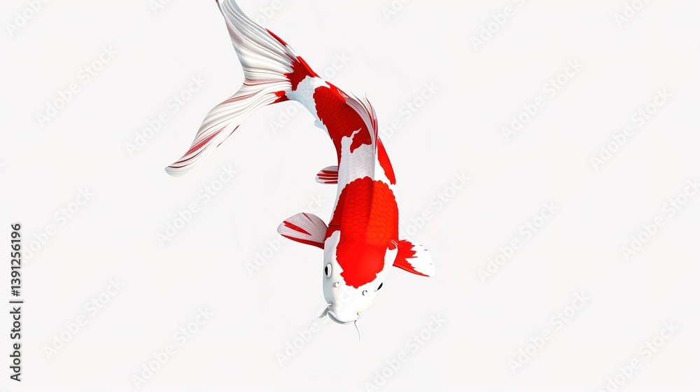 Obraz premium A vibrant red and white koi fish is beautifully isolated on a white background, a creation of generative AI. The striking contrast between the vivid colors of the koi fish and the pure white backdrop 