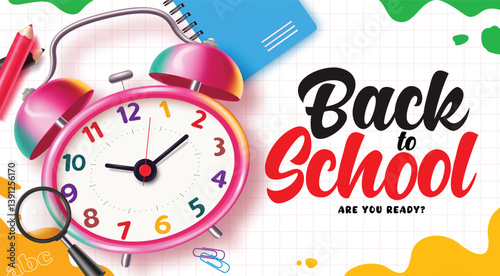 Back to school clipart banner design template. School greeting text with educational elements like magnifying glass, pencil, notebook and alarm clock learning supplies clip art vector illustration. 