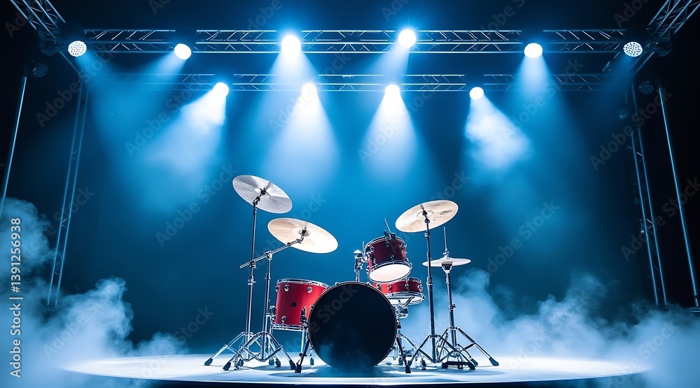 Fototapeta premium A drum set stands on a stage illuminated by bright blue spotlights and a hazy atmosphere around it
