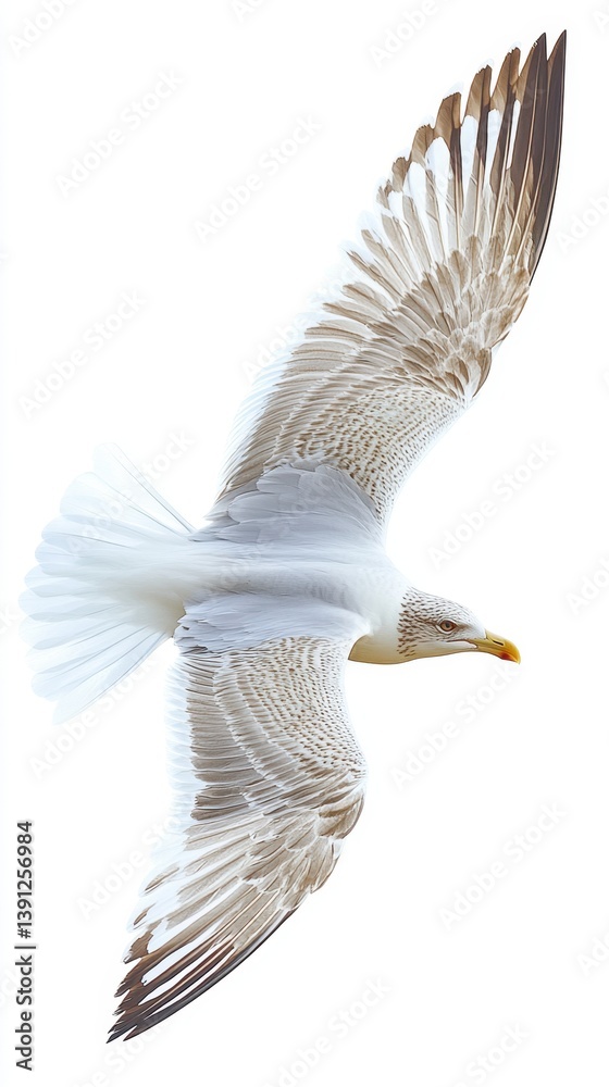 Naklejka premium Majestic flight of a seagull against a pristine white sky, showcasing its elegant wings and intricate feather patterns in a serene and captivating aerial scene