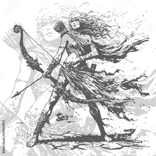Black and white sketch of Artemis, goddess of the hunt and moon, with a bow and calm focus. Fierce, wild, and independent spirit.