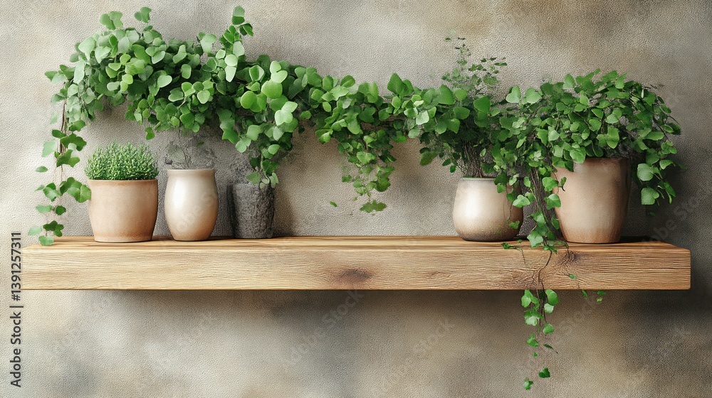 Indoor Greenery Display on Wooden Shelf with Hanging Plants and Pots Indoor Greenery Display on Wooden Shelf with Hanging Plants and Pots