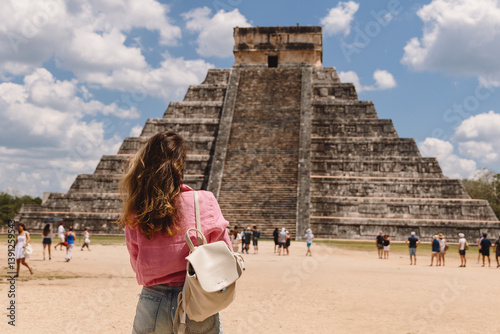 Old architecture. Old city in Mexico on summer day. Large city built by the Maya people of the Terminal Classic period. Temple of Kukulcan, UNESCO World Heritage Sites