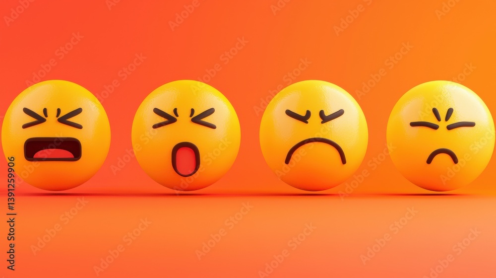 Four 3D rendered emoticon spheres illustrate varying degrees of negative emotions like anger frustration stress and sadness on an orange background. Four 3D rendered emoticon spheres illustrate varying degrees of negative emotions like anger frustration stress and sadness on an orange background.