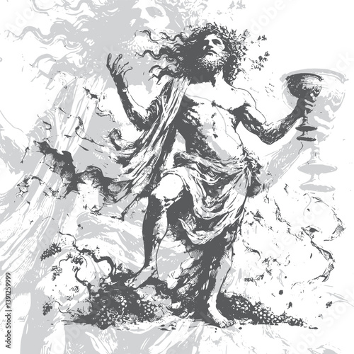 Black and white sketch of Dionysus, god of wine and festivity, with grapes and carefree pose. Joyful, wild, and ecstatic figure.