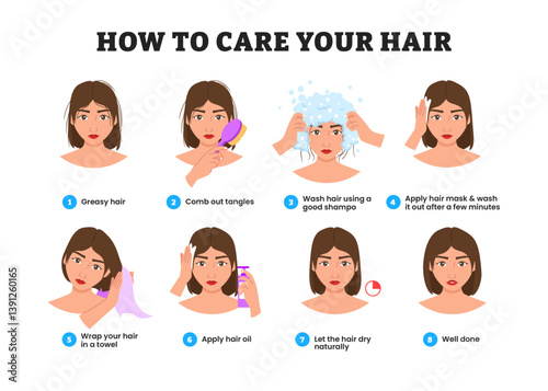 How to care your hair at home and style them step by step instruction educational infographic poster design, Hair treatment procedure. Dry with hairdryer, use oil and mask for health.