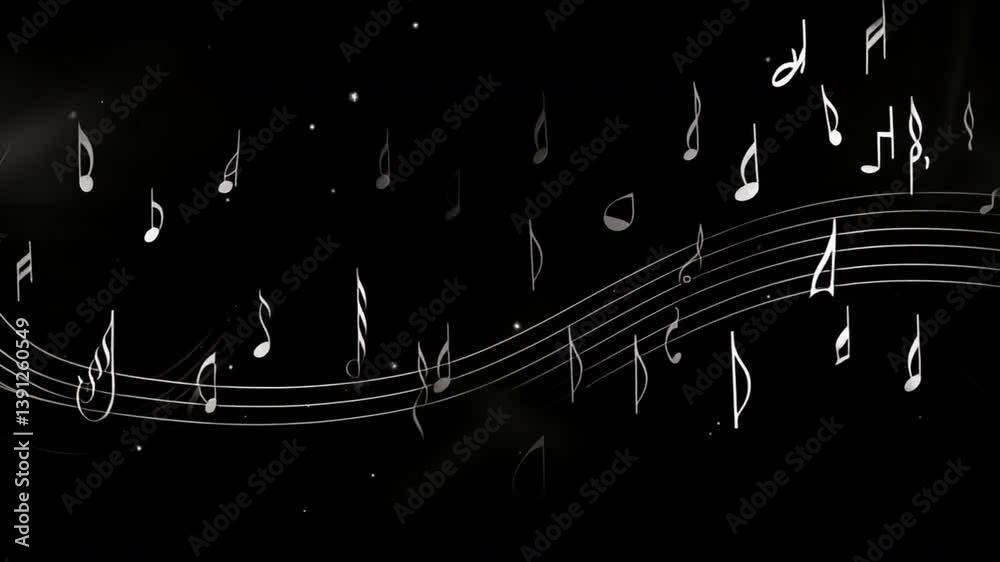 Musical Symphony in Motion: A flowing visualization of musical notes dancing across a dark, evocative backdrop, designed to capture the essence of sound, harmony, and the creative spirit. 