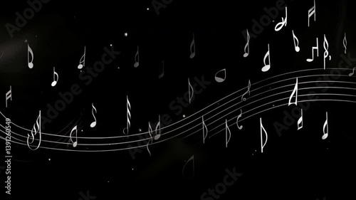 Musical Symphony in Motion: A flowing visualization of musical notes dancing across a dark, evocative backdrop, designed to capture the essence of sound, harmony, and the creative spirit. 