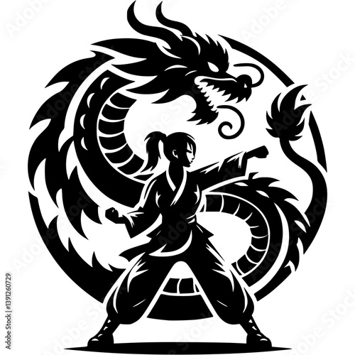Sport emblem of woman master of oriental martial arts in monochrome. Engraving minimalistic vector in black ink drawing on transparent background