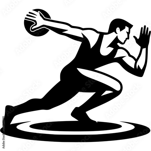 Sport emblem of athlete discus thrower swings to throw a sports equipment discus in monochrome. Engraving minimalistic vector in black ink drawing on transparent background