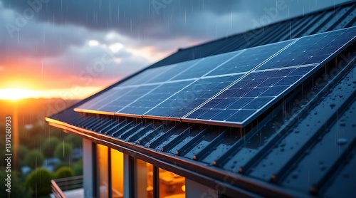 Solar panels on a roof during a rain shower with a sunset in the background and dark stormy sky