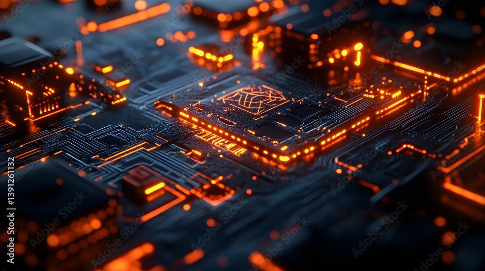 Illuminated circuit board with many electronic components and bright orange lights Illuminated circuit board with many electronic components and bright orange lights