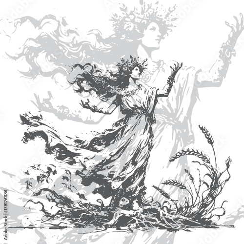 Black and white sketch of Demeter, goddess of harvest and agriculture, holding grain. Gentle yet powerful earth mother figure.