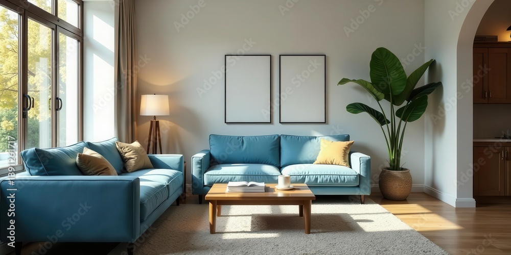 Fototapeta premium Modern Living Room Interior Design with Teal Couches and Natural Light