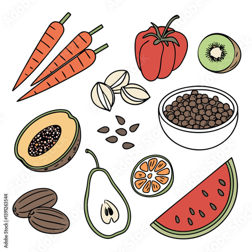 Feijão, Frutas, verduras, alimentos, temperos, comida. Isolados em fundo branco.