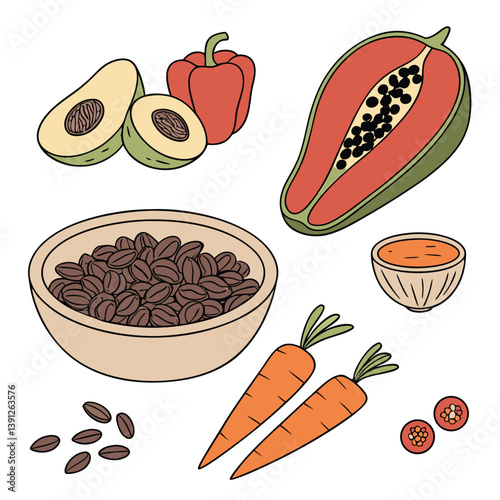Feijão, Frutas, verduras, alimentos, temperos, comida. Isolados em fundo branco.