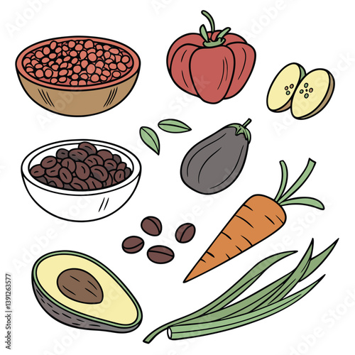 Feijão, Frutas, verduras, alimentos, temperos, comida. Isolados em fundo branco.