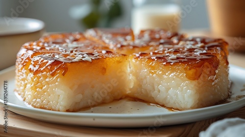 Filipino biko sticky rice cake coconut caramel topping sliced on a white dessert plate