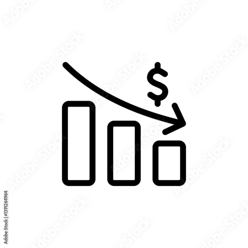 Bar graph with a downward trend and dollar sign, representing financial loss, economic downturn, or decrease in profit. Isolated on white background