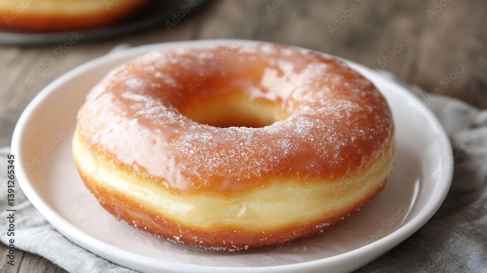 Plain white dish displaying a freshly baked doughnut glazed with a light sugar coating Plain white dish displaying a freshly baked doughnut glazed with a light sugar coating