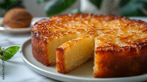 Filipino cassava cake golden coconut topping sliced and served on white ceramic dish