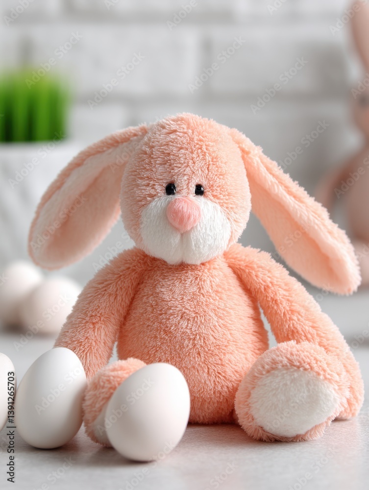 Fototapeta premium Adorable plush bunny with easter eggs in a bright studio setting capturing the essence of spring and holiday cheer with soft focus and pastel tones