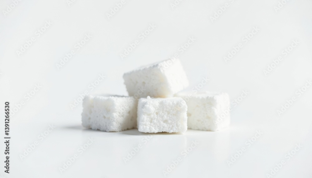 Lumps of white sugar against stark white backdrop, sugarcane, culinary, macro photography Lumps of white sugar against stark white backdrop, sugarcane, culinary, macro photography