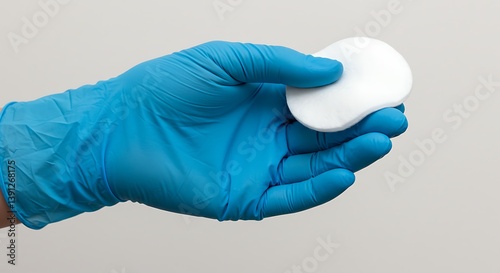 Close-up of a hand in a blue medical glove holding a cotton pad against a clean white background