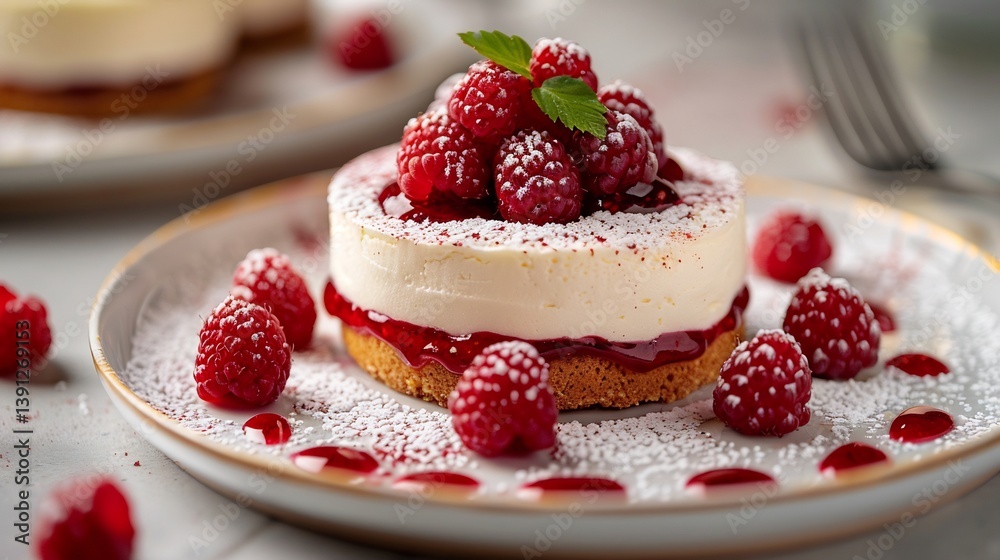 Finnish runeberg torte small round cake raspberry jam and icing ring served on white plate Finnish runeberg torte small round cake raspberry jam and icing ring served on white plate