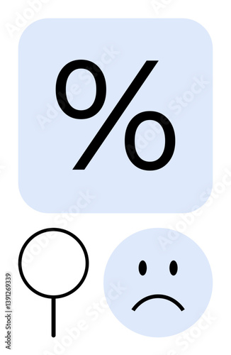 Percentage symbol in bold black above frowning face and magnifying glass for focus, analysis, and concern. Ideal for finance, business, loss, research, analytics, evaluation flat simple metaphor