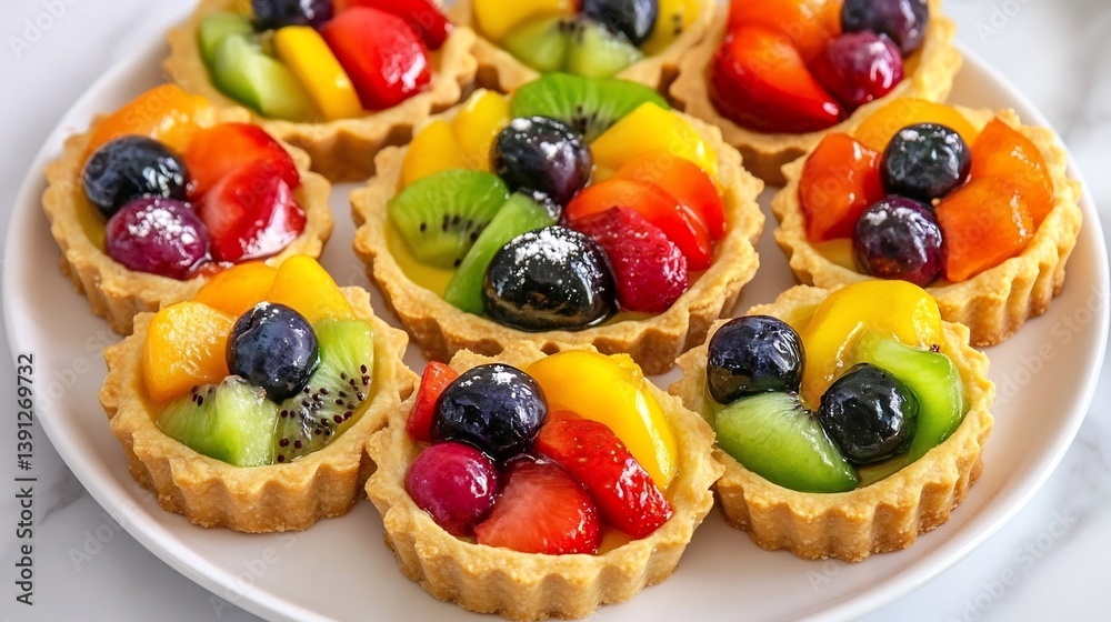 Plate of colorful fruit tarts with a buttery crust and vibrant fresh fruit toppings Plate of colorful fruit tarts with a buttery crust and vibrant fresh fruit toppings