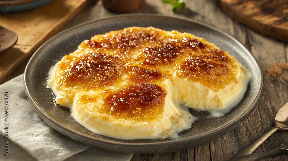 Plate of creamy crme brle with a caramelized sugar crust Plate of creamy crme brle with a caramelized sugar crust