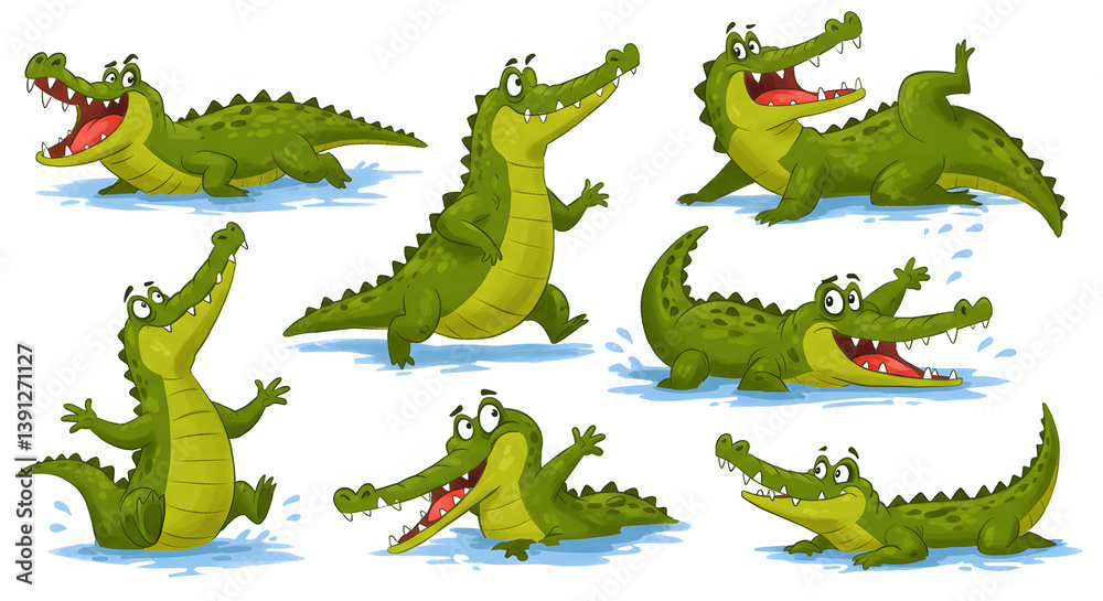 Fototapeta premium Colorful cartoon alligators in dynamic poses, showcasing a playful mood