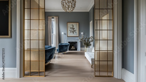 Elegant Interior Design: Gold Room Divider and Blue Velvet Seating