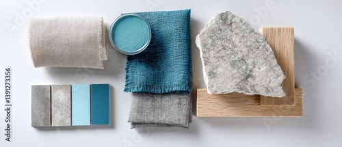 Harmonious interior design moodboard featuring fabric swatches paint samples stone and wood textures for creative inspiration
