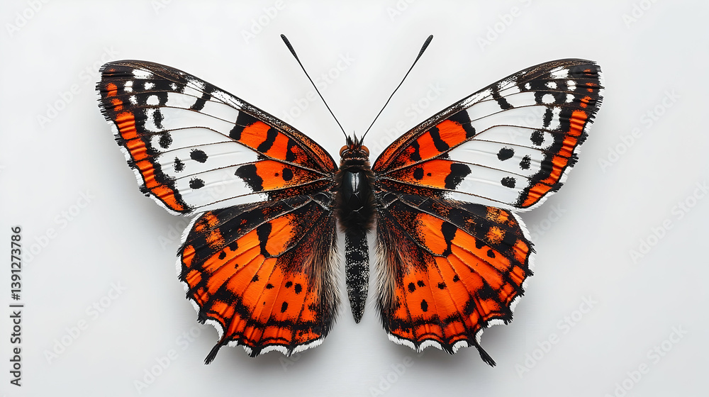 Fototapeta premium This butterfly displays intricate wing patterns with orange and white hues