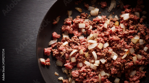 Ground meat with chopped onions browning in pan