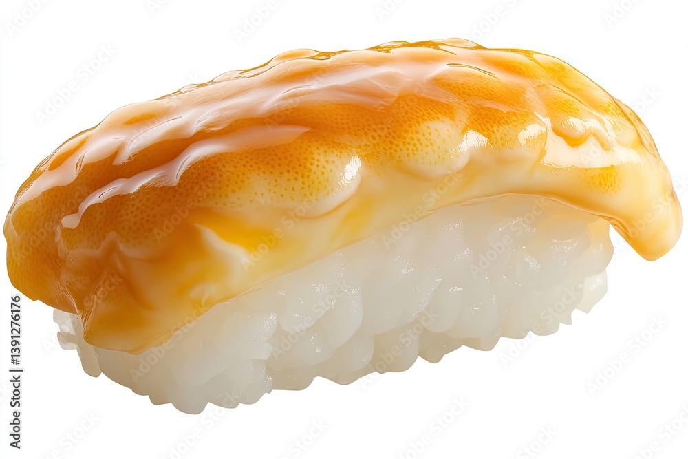 A realistic photo of Hand-Rolled Uni Sushi, hyper-realistic, isolated on white A realistic photo of Hand-Rolled Uni Sushi, hyper-realistic, isolated on white