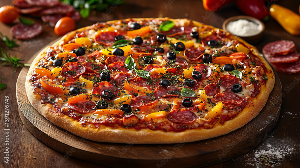 Pizza with Pepperoni, Olives, Tomato, & Herbs on Wood Platter Pizza with Pepperoni, Olives, Tomato, & Herbs on Wood Platter