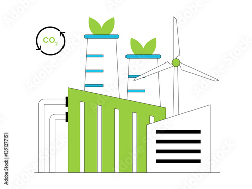 Energy renewal carried out by an industry and utilizing wind turbines to produce electrical energy. Green energy illustration. Flat vector illustration concept