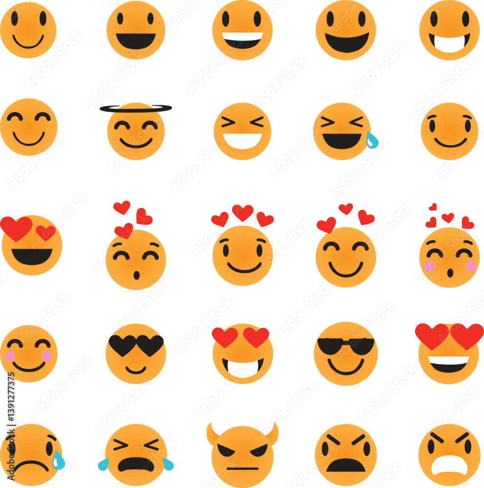 Fototapeta premium vector style design of funny collection of emoji with smile, heart, tongue, sunglasses and tear. Vector large set of illustration of happy fun yellow color emoticon with different emotion.. emoji icon