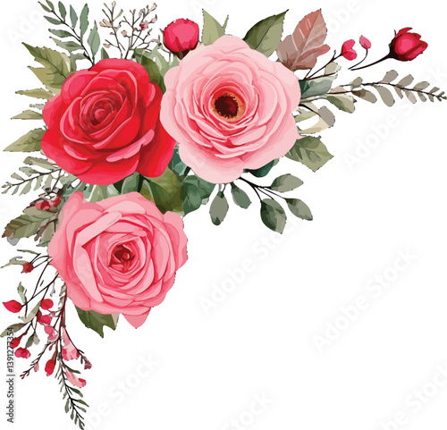 Beautiful watercolor roses in pink and red with soft green leaves and delicate flowers. Elegant floral arrangement with vibrant pink roses and red flowers surrounded by leaves. watercolor bouquet