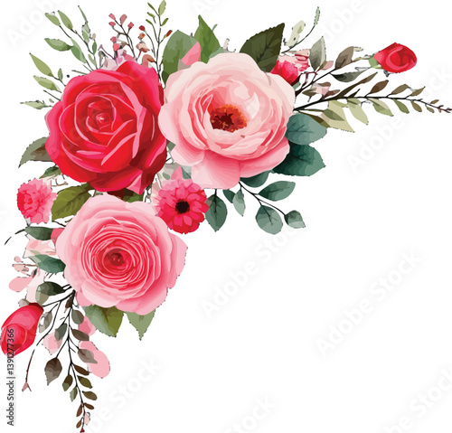 Floral design featuring vibrant red and pink roses, delicate greenery, and soft petals. Romantic watercolor flowers with red and pink roses, and lush green leaves and berries.Watercolor roses