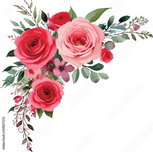 Lovely floral arrangement with red and pink roses, greenery, and delicate flower buds. Soft watercolor bouquet featuring pink and red roses with beautiful green leaves and stems. Elegant watercolor 